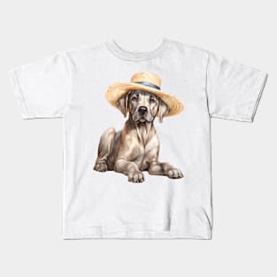 Watercolor Great Dane Dog in Straw Hat Kids T-Shirt